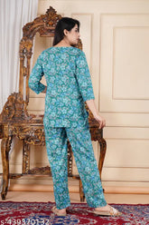 Pure cotton printed daily wear nightsuit, Indian-made quality women's pyjamas with three-quarter sleeves